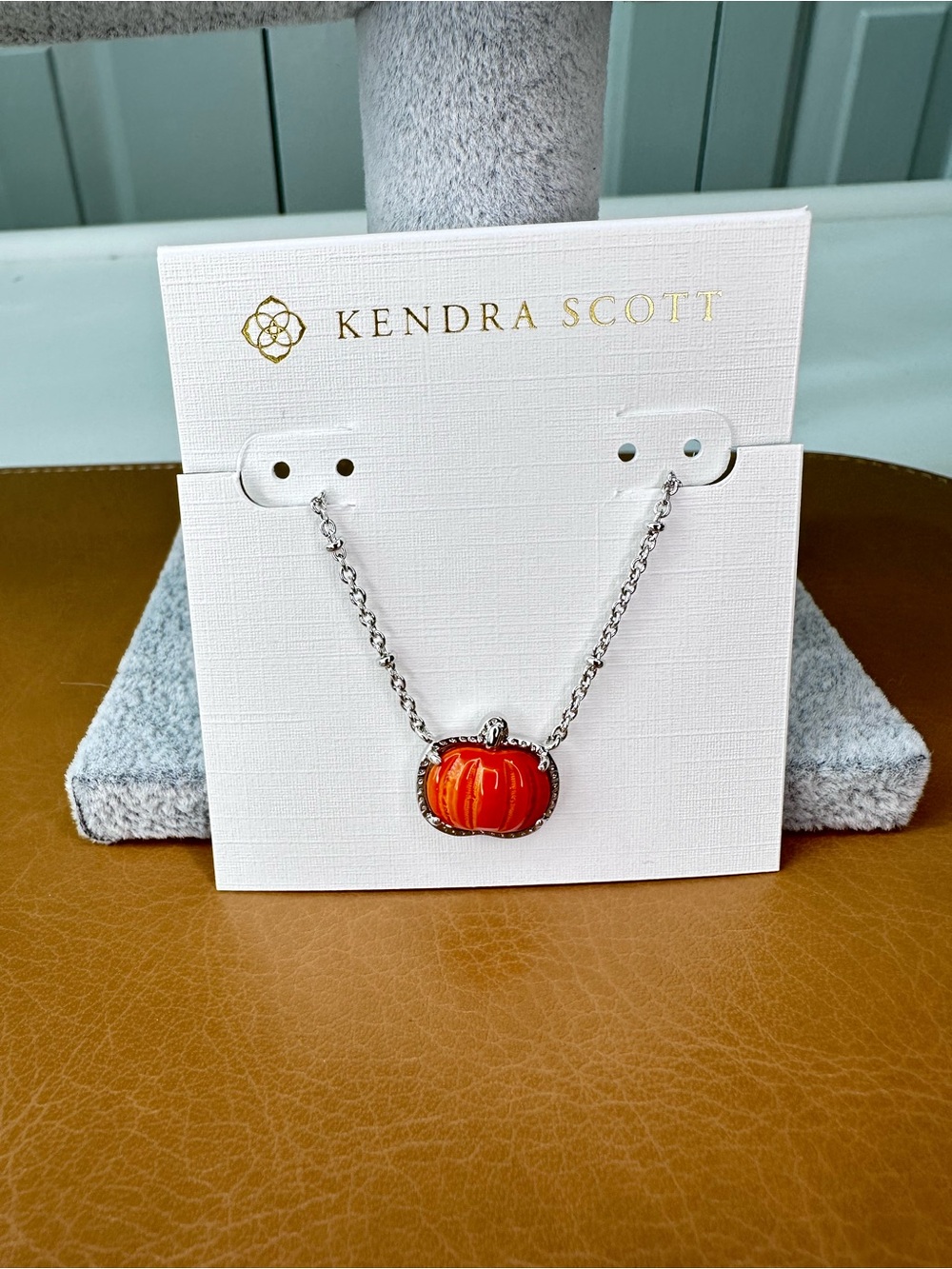 Kendra Scott Silver Chain Necklace with Orange Pumpkin Charm